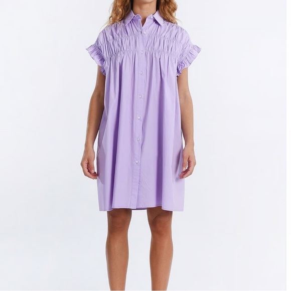 AVARA Poplin Ruffled Button Down Collared Mini Dress in Lilac Size Small - Picture 1 of 9